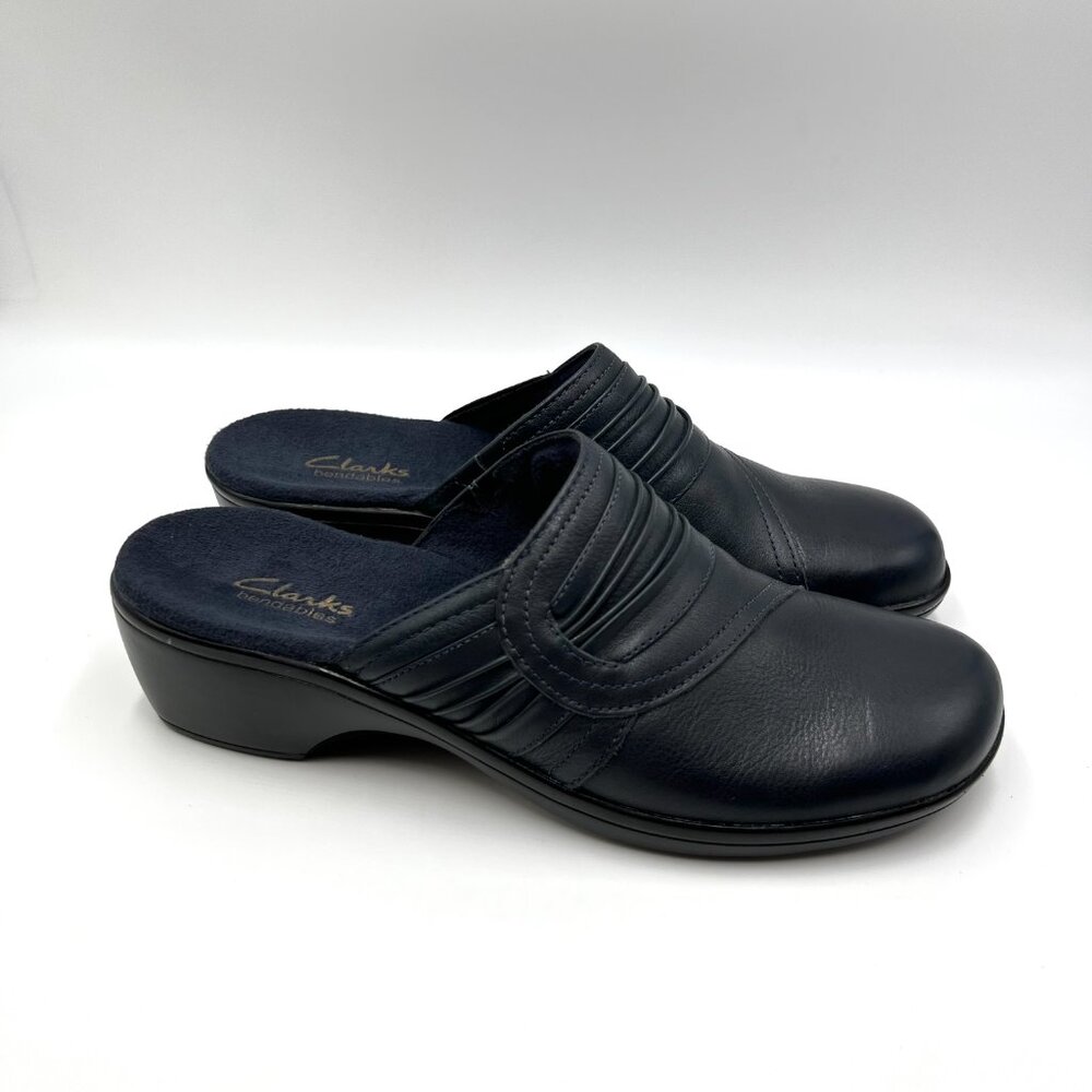 Clarks Womens Size 8.5 8.5M Dark Blue Leather Slip On Mules Clogs Shoes‎